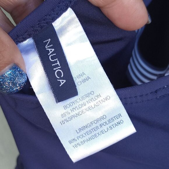 EUC NAUTICA Navy Blue & White CrissCross High Waisted One Piece Swim Suit Small - Picture 7 of 10